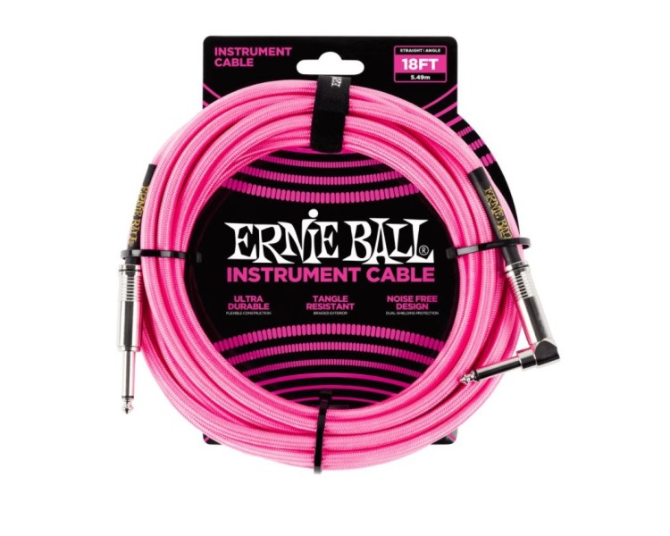 ERNIE BALL 6083 18' Braided Straight/Angle - DUAL CONDUCTOR NEON PINK