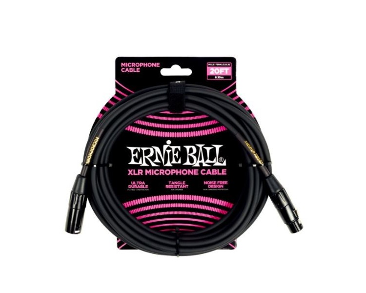 ERNIE BALL 6388 20ft Male Female XLR Microphone Cable Black