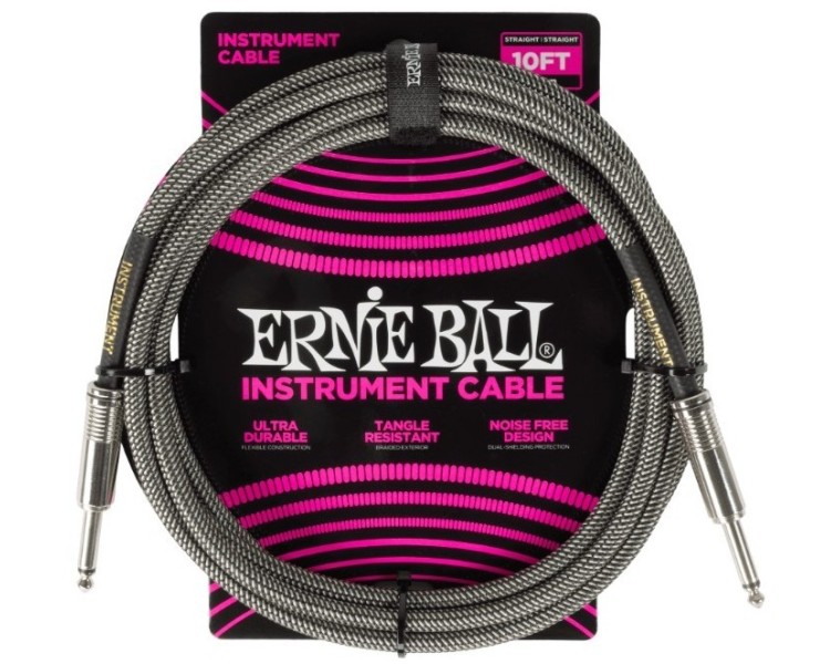 ERNIE BALL 6429 BRAIDED INSTRUMENT CABLE STRAIGHT/STRAIGHT 10FT - SILVER FOX