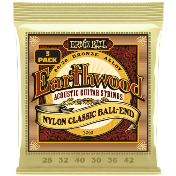ERNIE BALL 3069 ERTHWD FOLK NYLON, CLEAR AND GOLD W/BALL END, 8020 BRNZ  3 PACK 28 42