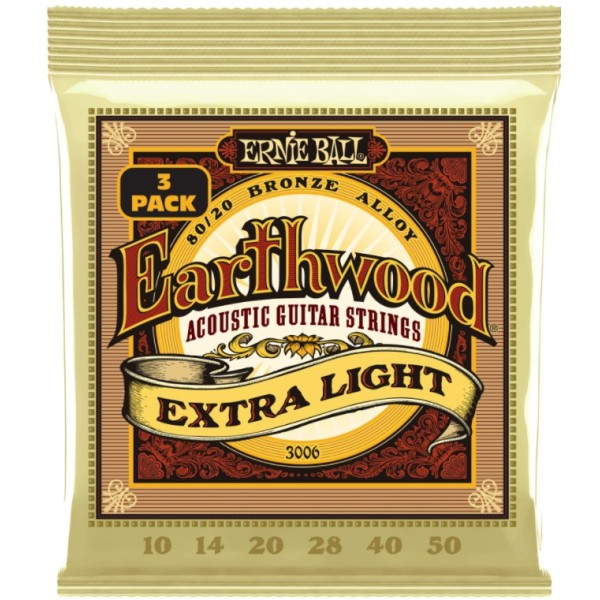 ERNIE BALL 3006 ERTHWD EXTRA LIGHT 8020 BRNZ 3 PACK 10-50