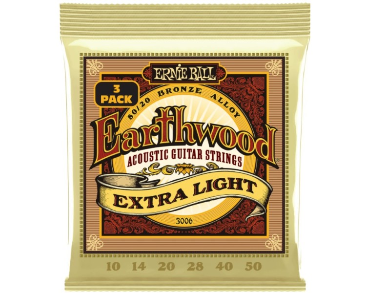 ERNIE BALL 3006 ERTHWD EXTRA LIGHT 8020 BRNZ 3 PACK 10-50