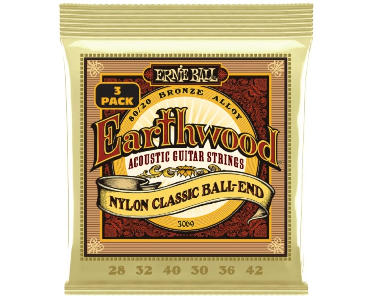 ERNIE BALL 3069 ERTHWD FOLK NYLON, CLEAR AND GOLD W/BALL END, 8020 BRNZ  3 PACK 28 42