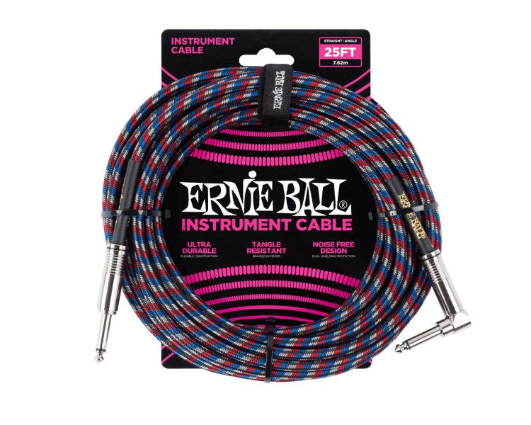 ERNIE BALL 6063 25' Braided Straight/Angle - DUAL CONDUCTOR BLACK/BLUE/WHITE