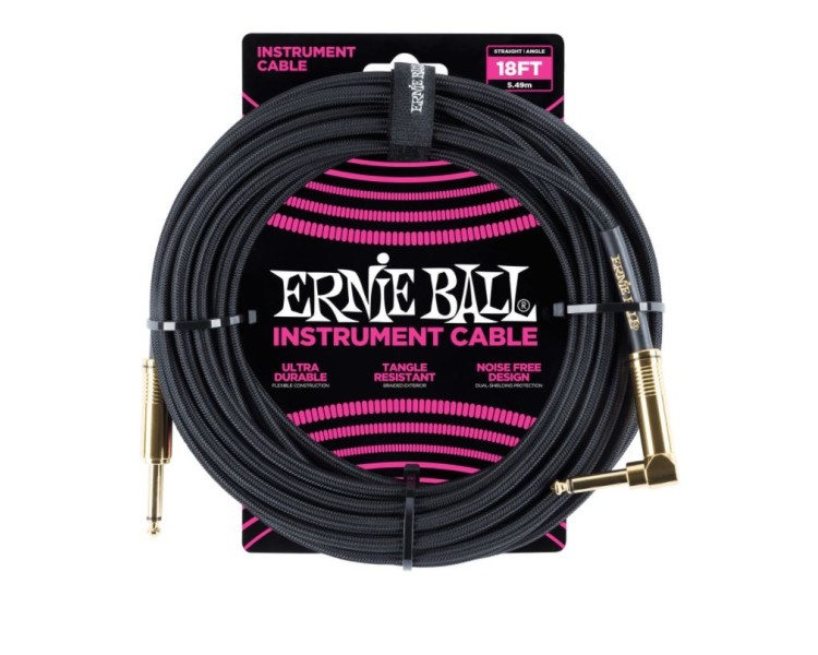 ERNIE BALL 6086 CABLE TRENZADO PARA INSTRUMENTOS,PLUG RECTO/ANGULADO, 5,5 MTS, NEGRO, CON CONECTORES DORADOS