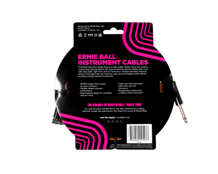 ERNIE BALL P06471 18' Braided Instrument Cable Straight/Angle 18ft - Pumpkin Pie