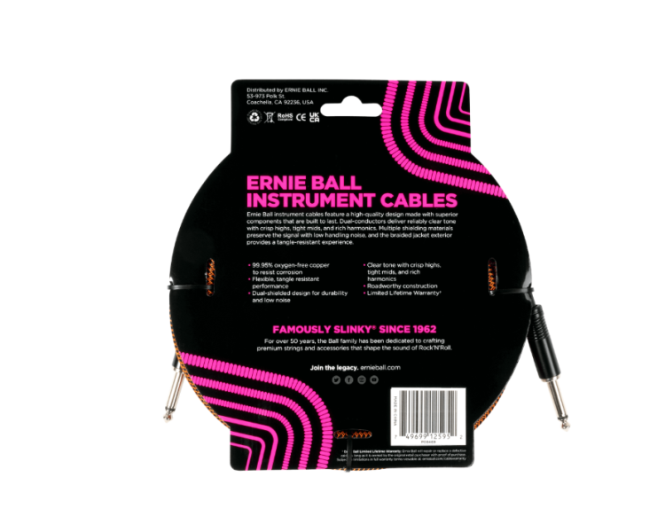 ERNIE BALL P06469 18' Braided Instrument Cable Straight/Straight 18ft Pumpkin Pie