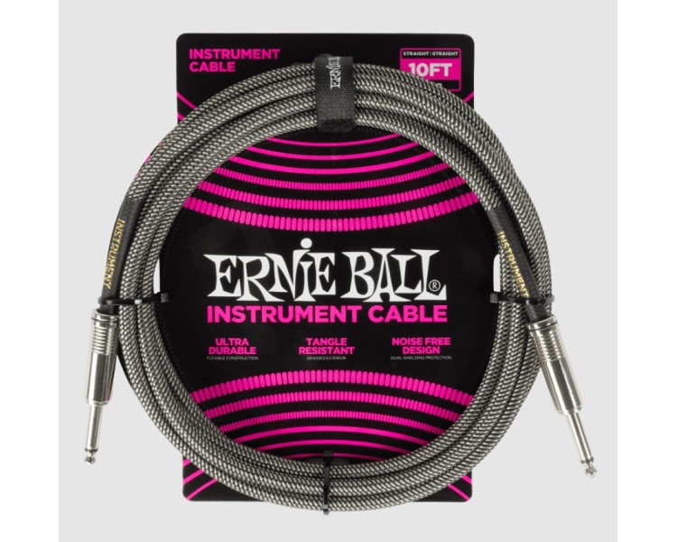 ERNIE BALL 6429 BRAIDED INSTRUMENT CABLE STRAIGHT/STRAIGHT 10FT - SILVER FOX