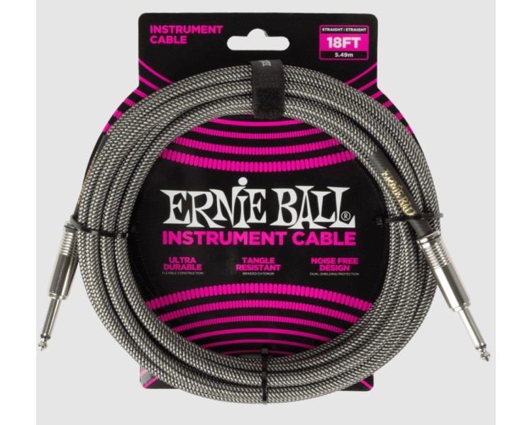 ERNIE BALL 6433 BRAIDED INSTRUMENT CABLE STRAIGHT/STRAIGHT 18FT - SILVER FOX