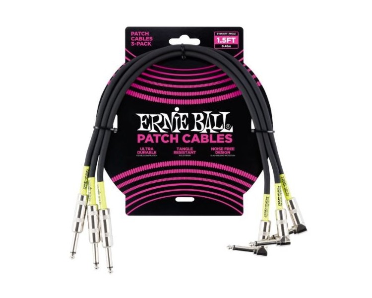 ERNIE BALL 6076 45cm patch 3 PACK Straight/Angle  - DUAL CONDUCTOR Black