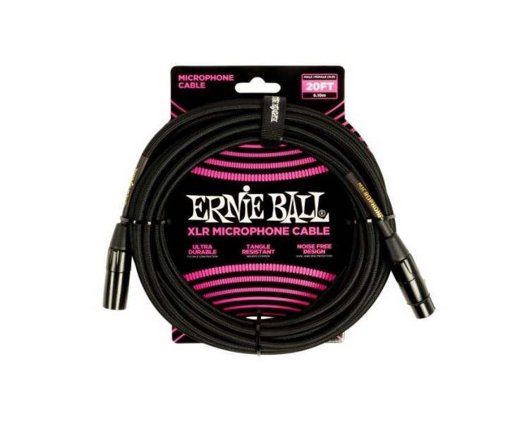 ERNIE BALL 6392 20ft Braided Male Female XLR Microphone Cable Black